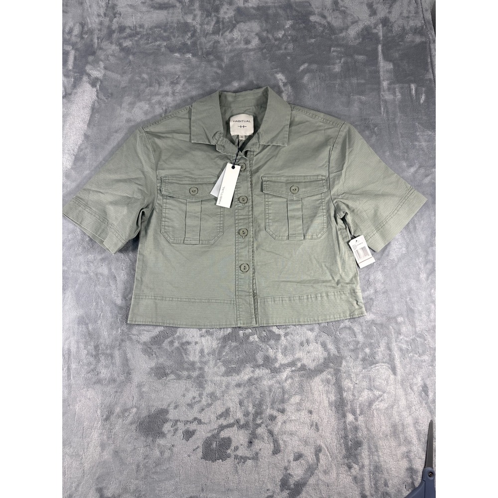 Habitual Womens Ripstop Short Sleeve Utility Shirt Sage Green Cropped Small NWT